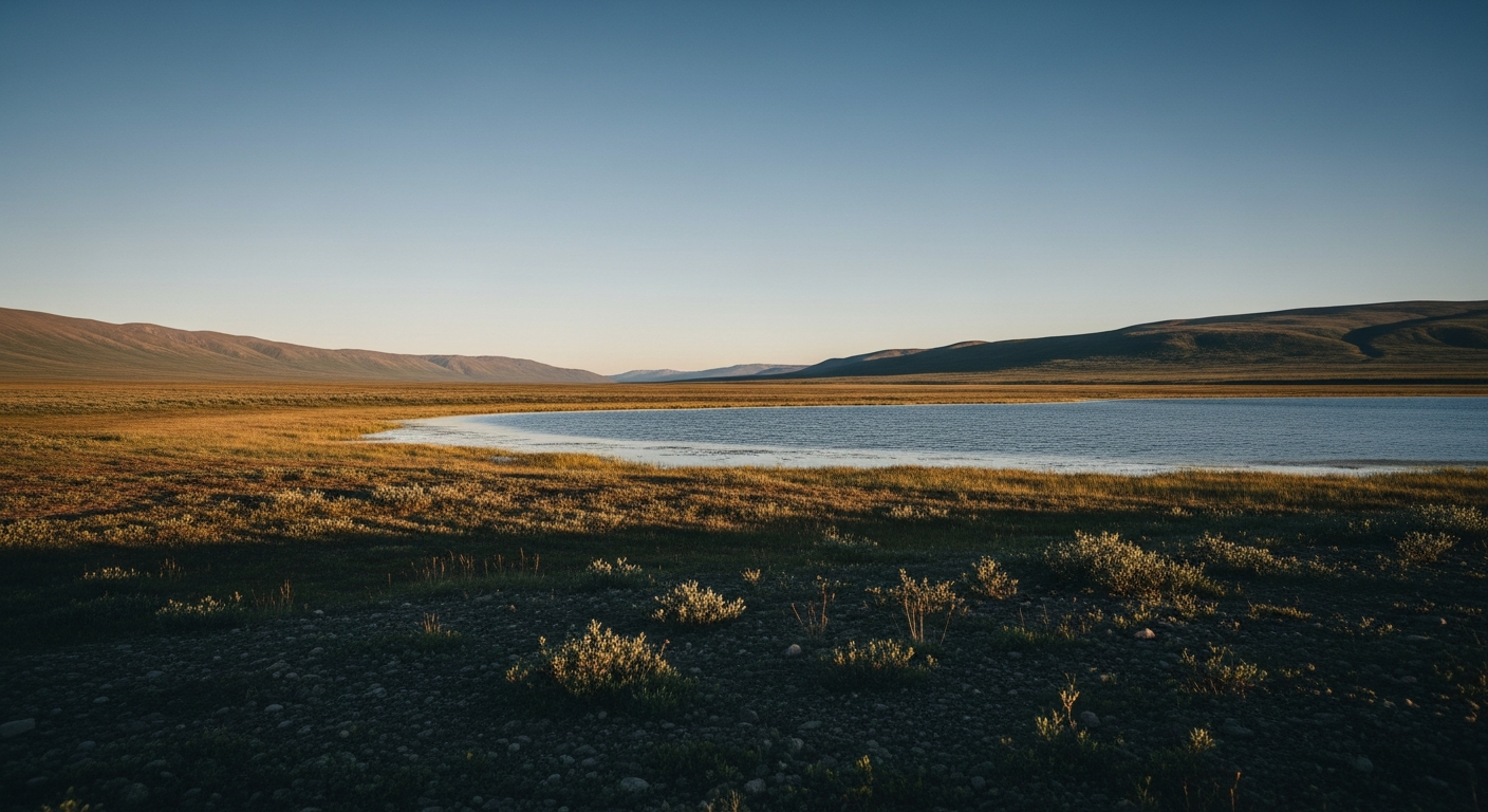 Arctic tundra outside Utqiagvik in late summer, low subarctic sun, wide-open tundra with distant Brooks Range foothills