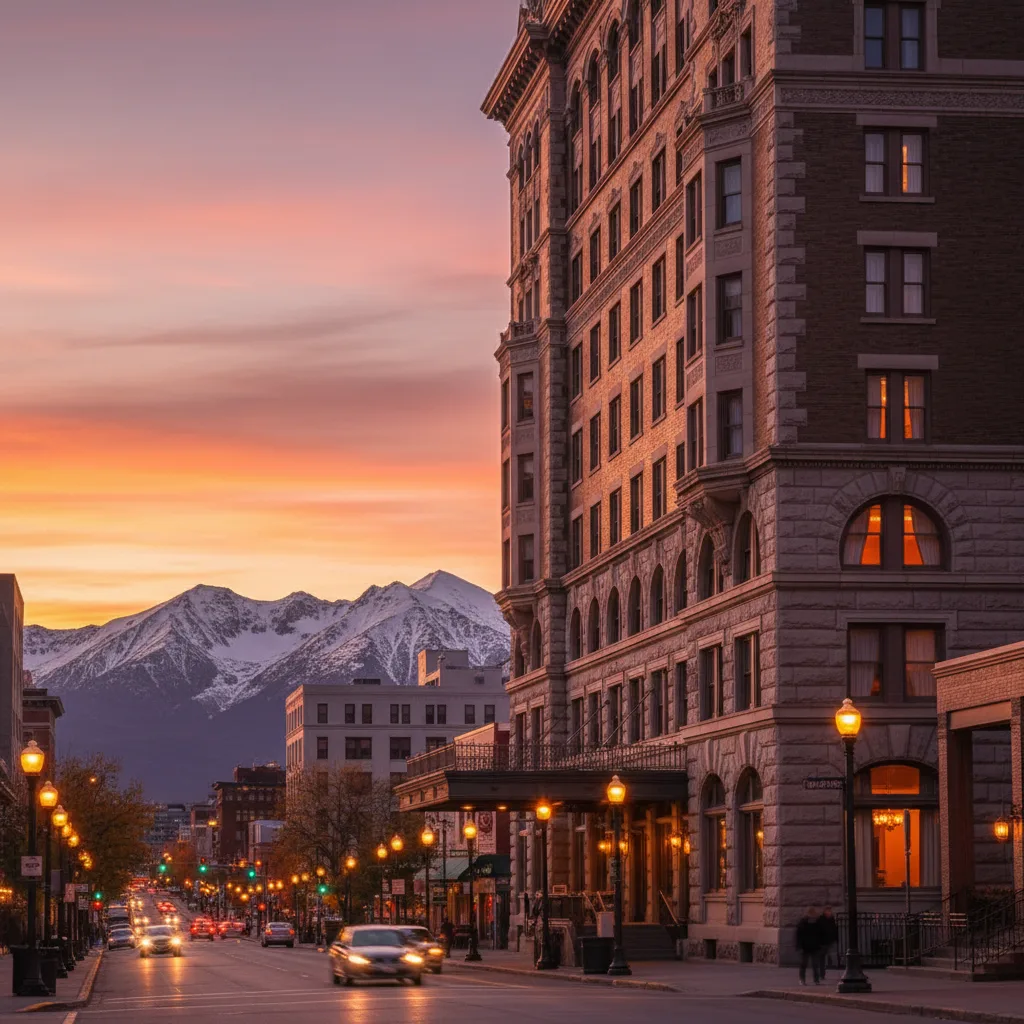 Downtown Anchorage hotel exterior with Chugach Mountains behind