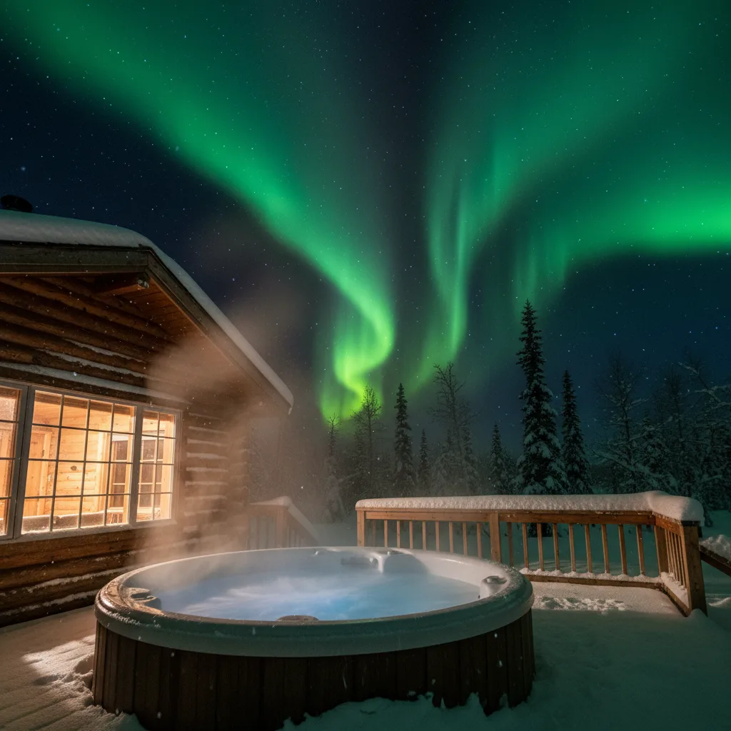 Private Alaskan hot tub on a snowy deck with aurora overhead