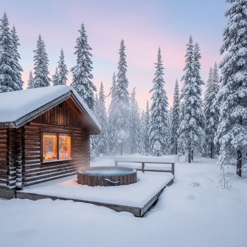 Private hot tub on a snowy Alaskan cabin deck