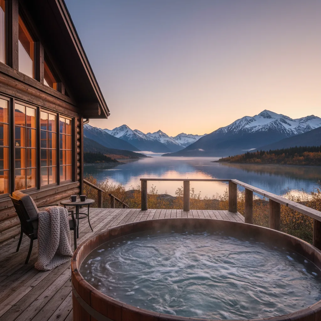 Alaskan cabin deck with a steaming private hot tub at dusk