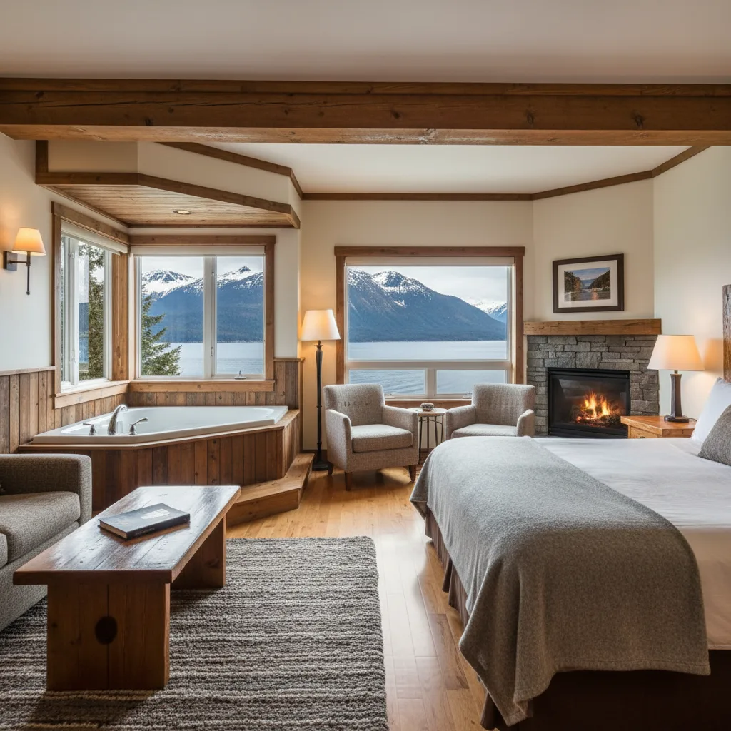 Alaskan hotel suite with corner whirlpool and harbor view