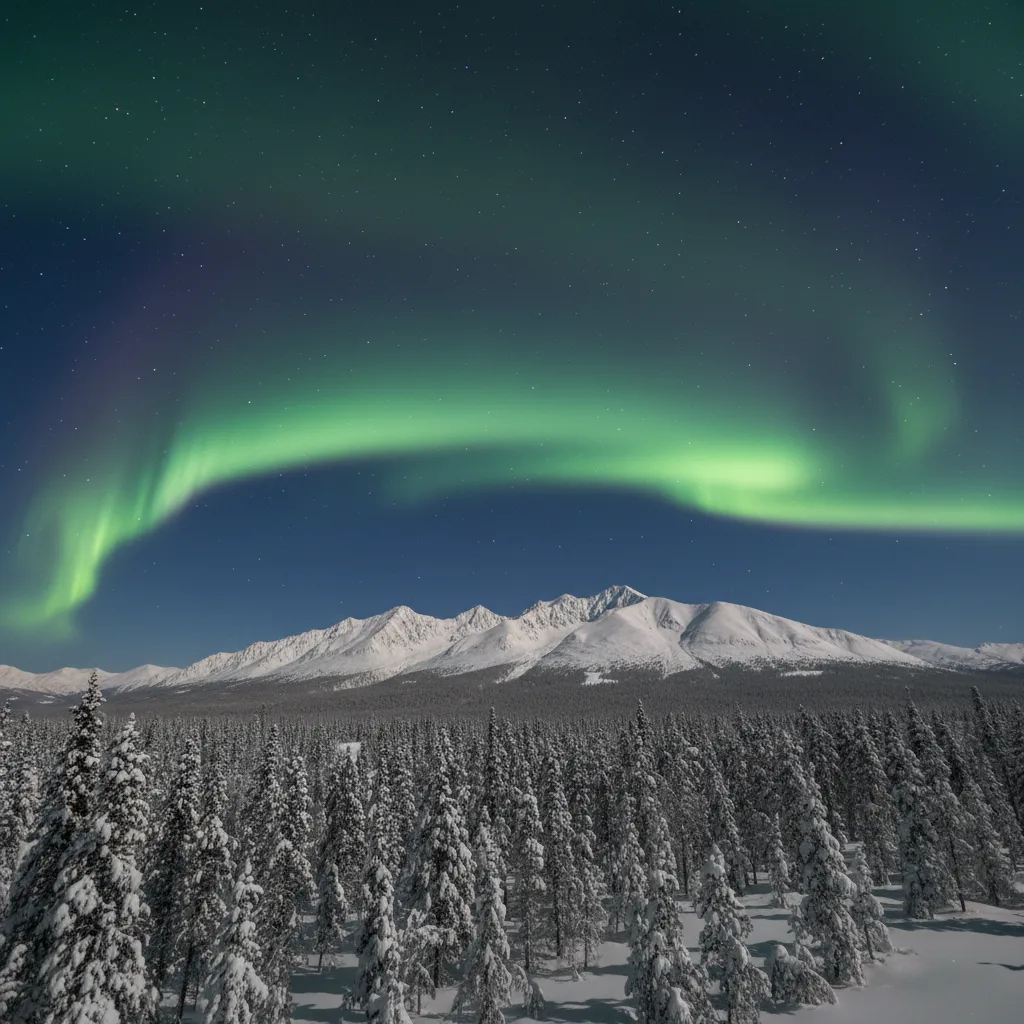Green aurora arc over the Alaska Range at night