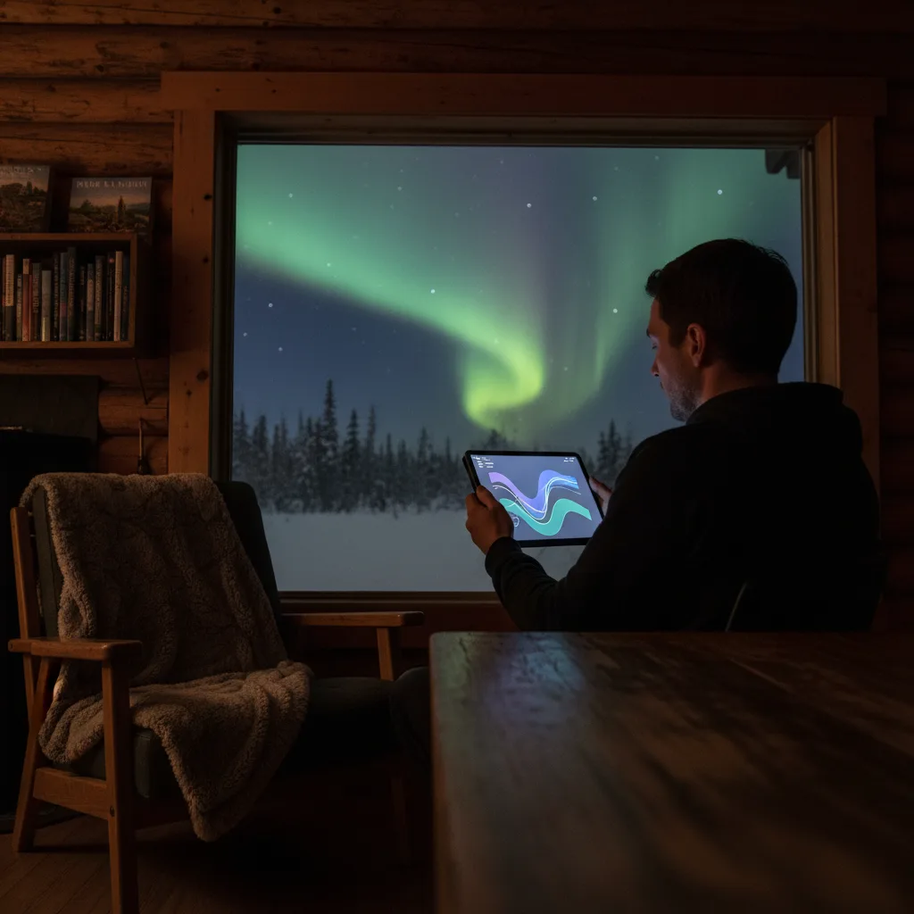 Checking the aurora forecast from an Alaskan cabin
