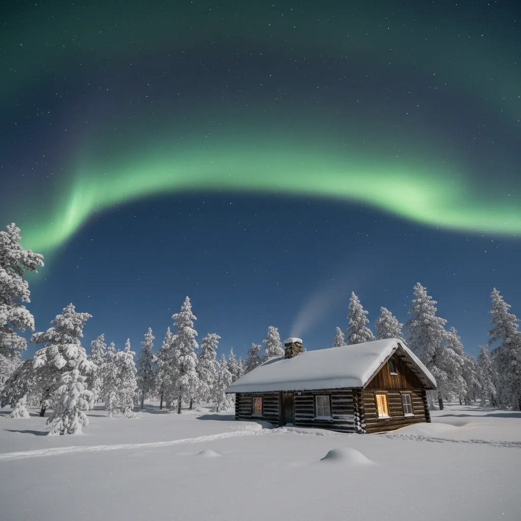 Alaskan cabin under an aurora in March
