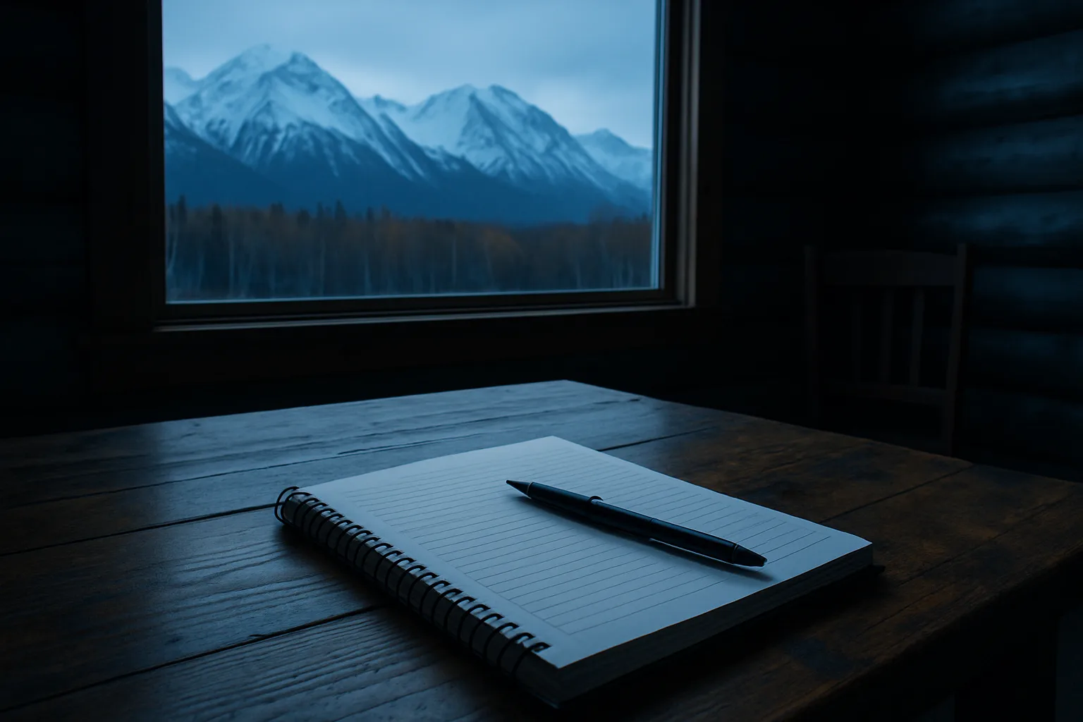 A notebook and pen on a lodge desk