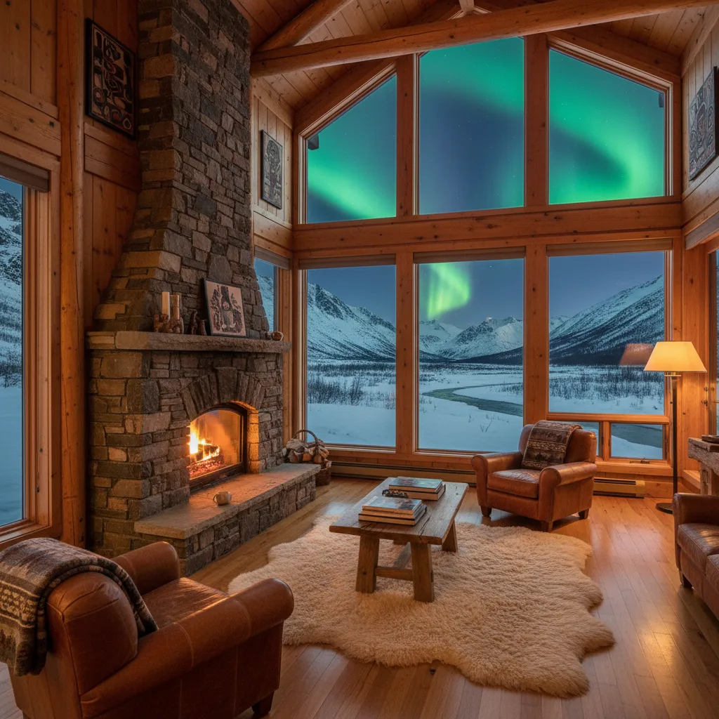 Remote Arctic lodge interior with windows framing the aurora