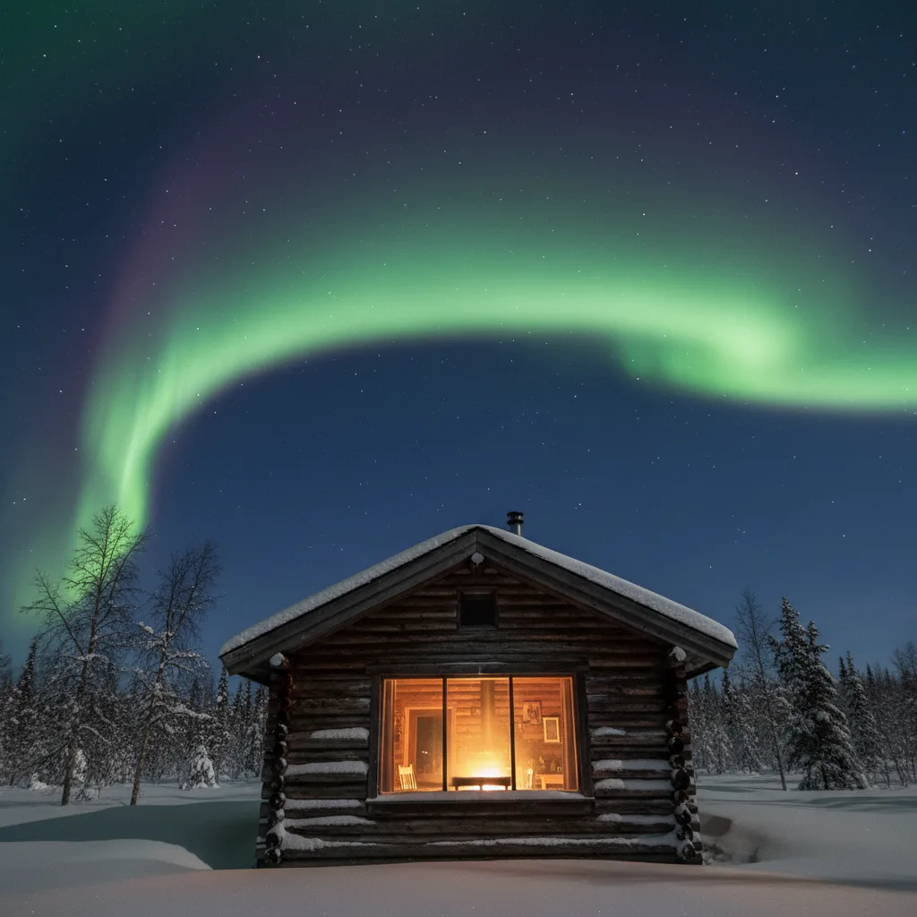 Alaskan cabin with a picture window and aurora overhead