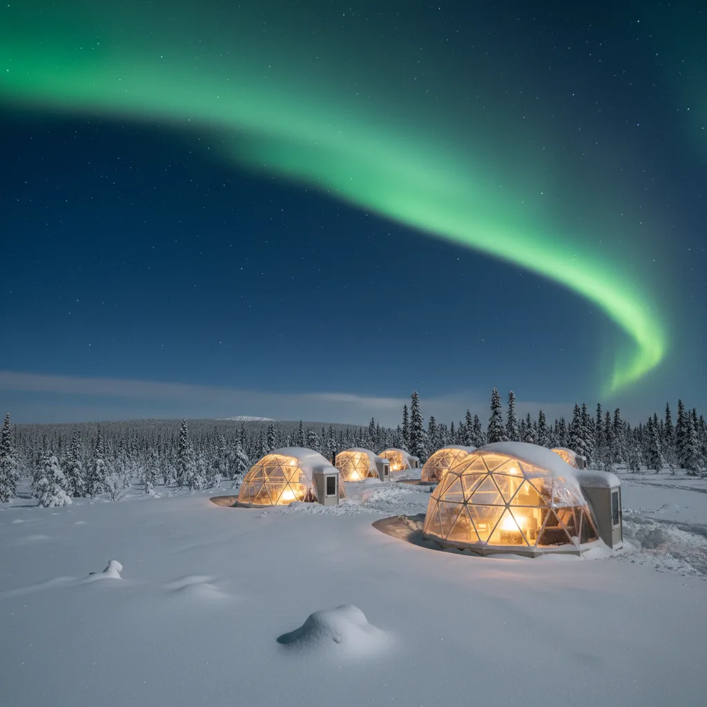 Clear-roofed aurora igloos on a snowy Alaskan ridge at night