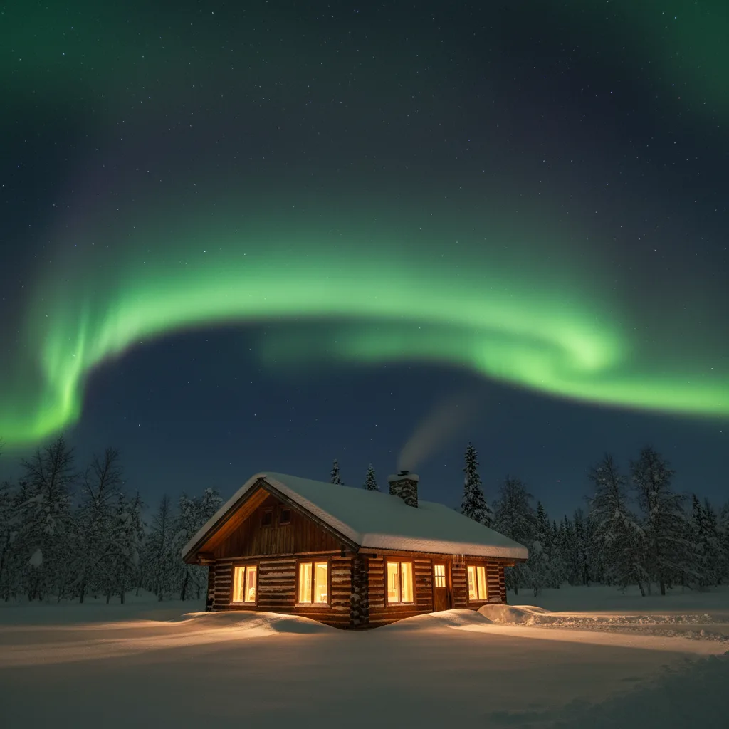 Fairbanks-area cabin under a full aurora display