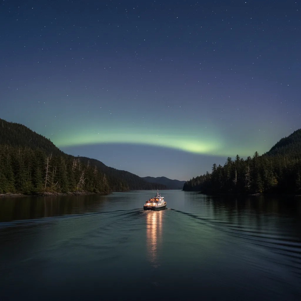 Inside Passage ship with faint aurora on the horizon