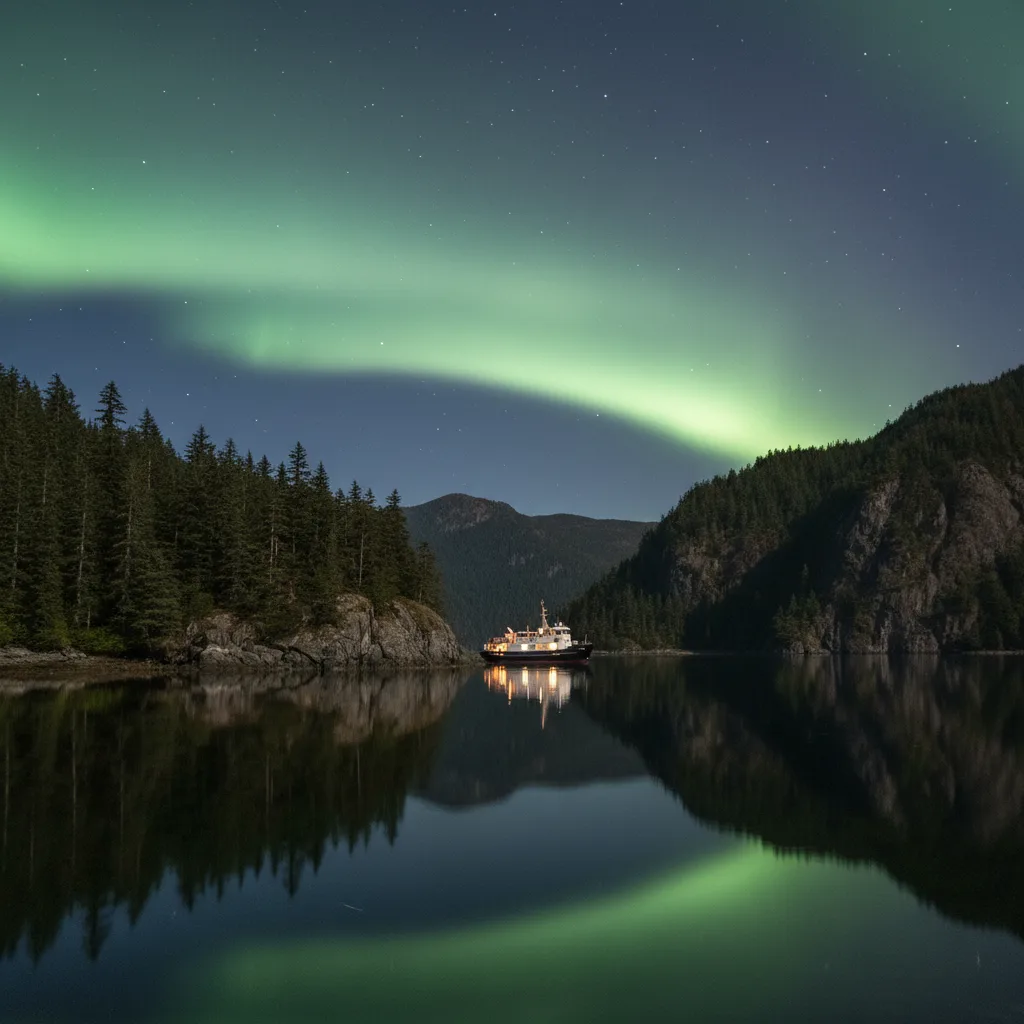 Small expedition ship anchored in an Alaskan fjord under pale aurora
