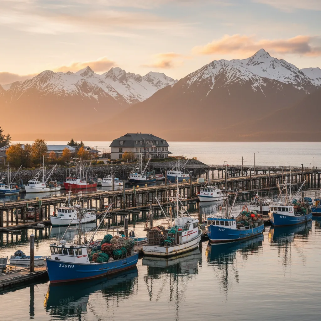 Seward Alaska harbor with boats and mountains