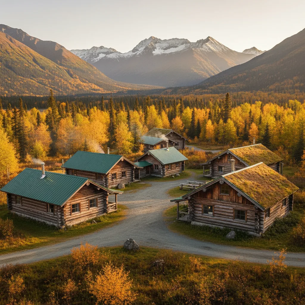 Log-cabin lodge complex near Seward in autumn