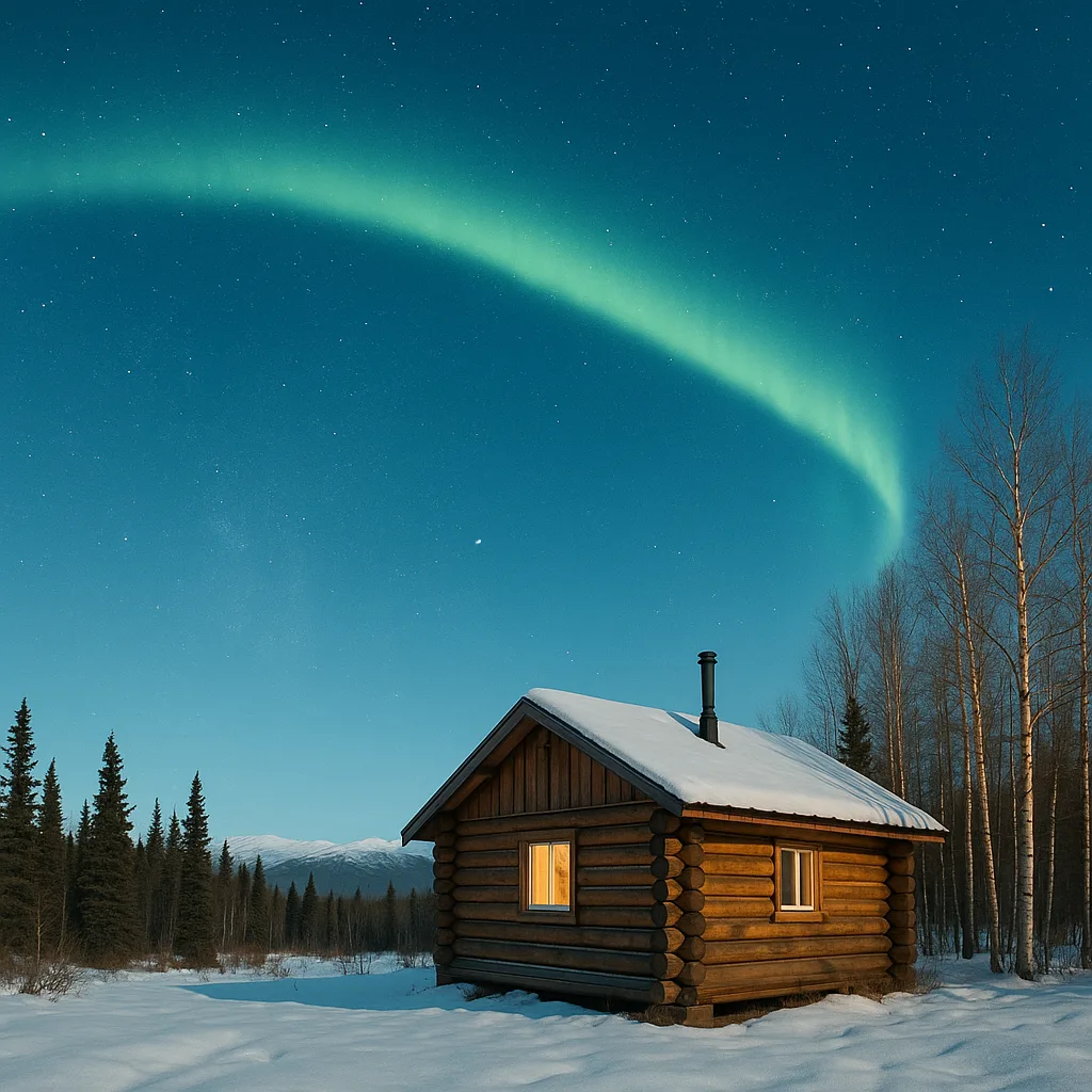 Aurora over a cabin in interior Alaska