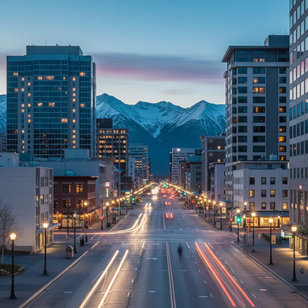 Downtown Anchorage with the Chugach Mountains behind