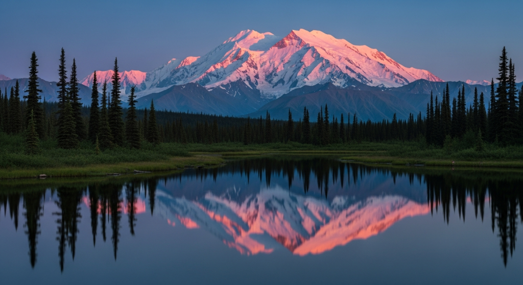 Denali at alpenglow, the summit lit pink above boreal spruce