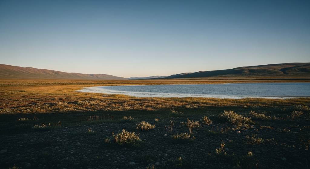 Arctic Alaska, low tundra and a wide flat horizon under pale northern light