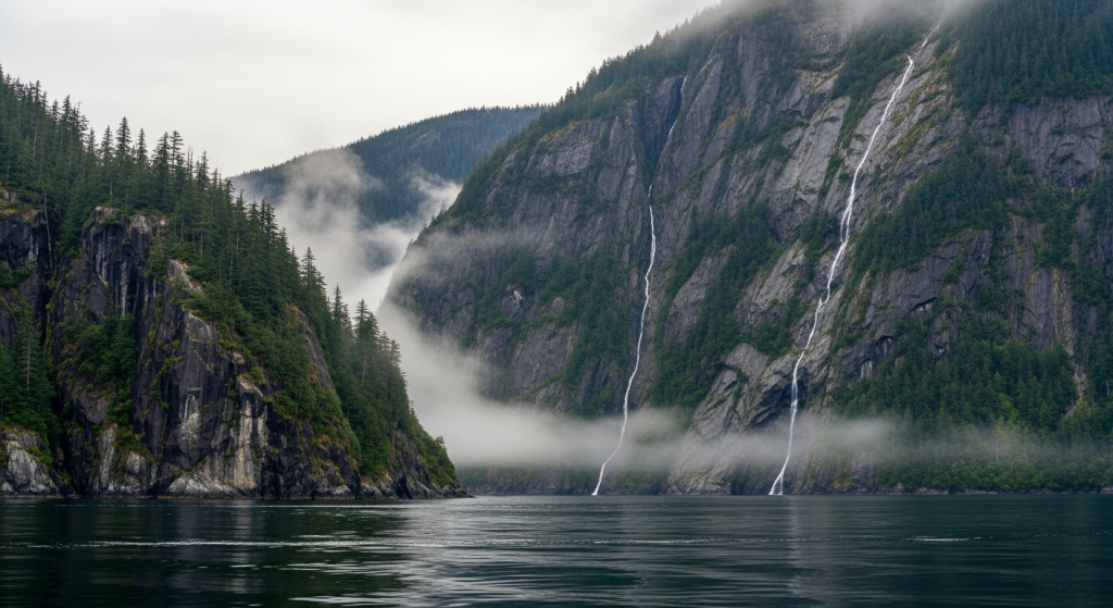 An Inside Passage channel in Southeast Alaska under low coastal cloud